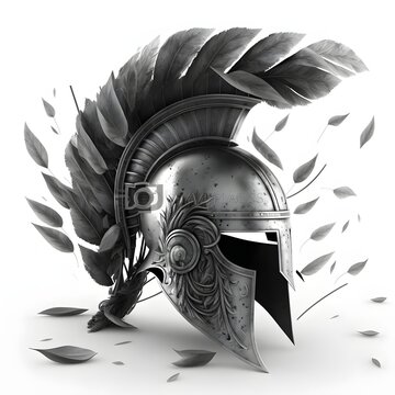 helmet of a spartan in the foreground a spartan shield with a spear in the background hyper detailed hyper realistic white background 8k black and grey 