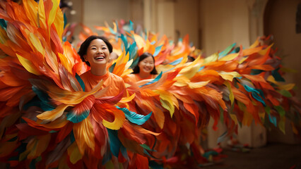 Japanische Tänzerinen mit bunten Feder Boa lachen im Querformat, ai generativ