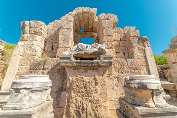 Ancient city of Perge in Antalya, Turkey. Historical ruins in the ancient city of Pamphylia