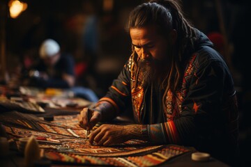 Aboriginal artist crafting traditional ceremonial clothing, Generative AI