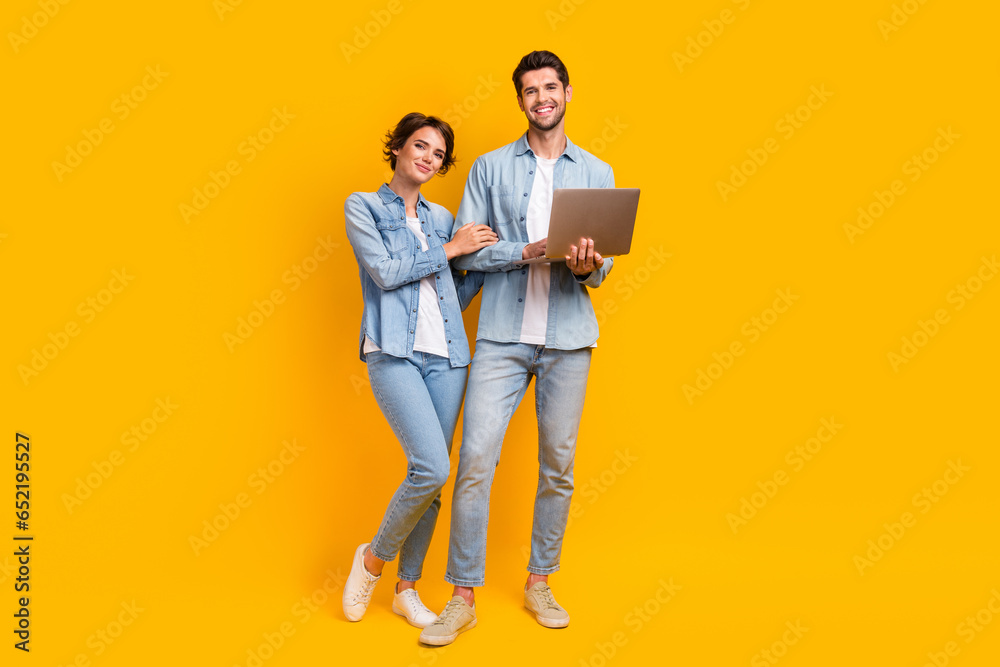 Poster Photo of two people managers lady guy using netbook browsing typing email isolated bright color background