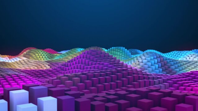 Animated 3D rotating background of colorful cubes. The up and down waves resemble the movement of rectangular three-dimensional growing pillars. Surface with square waves. 4k animation.