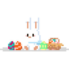 Obraz premium Pixel art sitting white rabbit easter eggs