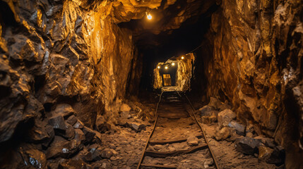 View inside an scary abandoned gold mine tunnel - obrazy, fototapety, plakaty