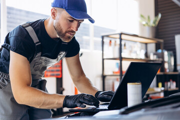 Car mechanic having car diagnostics on his laptop