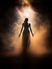 silhouette of dancer, singer, dramatic light and smoke background, on stage, music, club