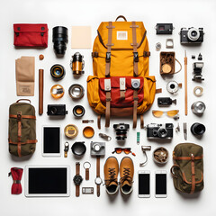 perfect camping gears and gadgets knolling on white background