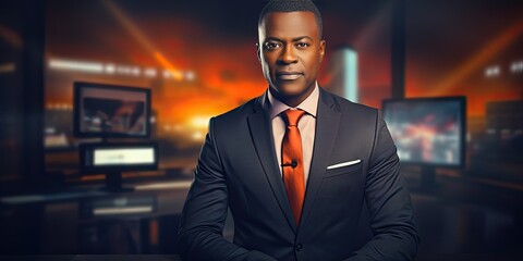 Serious African American TV presenter tells breaking news. Scandals, investigations and breaking news. A reportage from the TV studio. - obrazy, fototapety, plakaty
