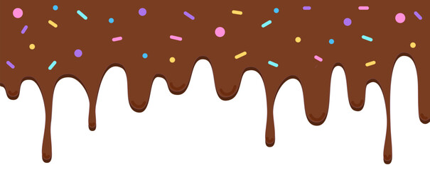 Melted chocolate topping dripping glaze with colorful sprinkles flat style illustration