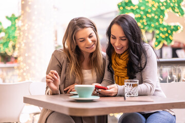 Two good-looking girls taking a coffee break during Christmas shopping, sitting in a cafe and checking information on mobile phone - obrazy, fototapety, plakaty
