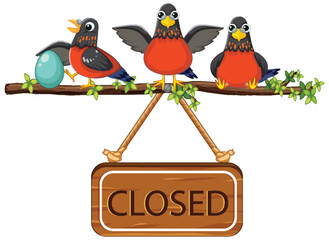 Birds Standing on Tree Branch with Closed Sign