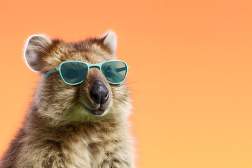 Creative animal concept. Quokka in sunglass shade glasses isolated on solid pastel background, commercial, editorial advertisement, surreal surrealism