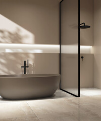 Minimal, modern bathroom with brown bathtub, reeded glass partition, shower enclosure, recessed...