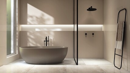 Minimal, modern bathroom with brown bathtub, reeded glass partition, shower enclosure, recessed...
