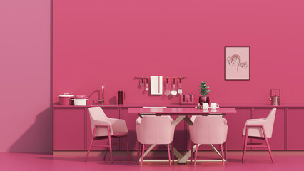 Viva magenta is a trend colour year 2023 in the kitchen room. Interior of the room in plain monochrome viva magenta color with washing sink, faucet, refrigerator, frame on the wall.3d render