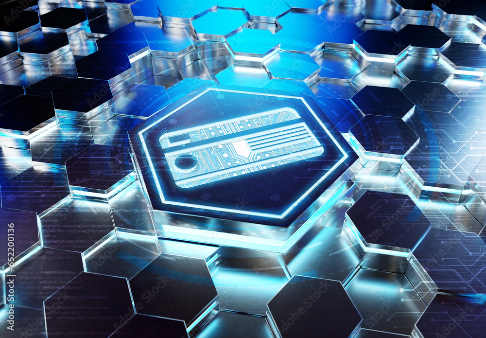 Poster payment card icon concept engraved on metal hexagonal pedestral background. credit card logo glowing