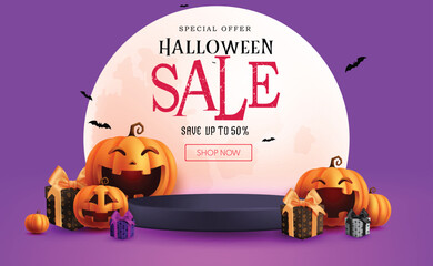Halloween sale text vector banner design. Halloween podium sale with pumpkins and gifts elements decoration in full moon background. Vector illustration special offer promo discount.