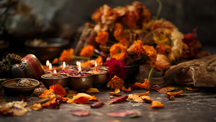 Wunderschöne brennende goldene Kerzen Dekoration mit vielen Blüten und Herbstblätter im Querformat für Banner, ai generativ