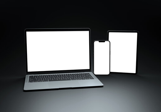 PARIS - France - September 1, 2023: Newly released Apple Macbook Air, Iphone 14, Ipad Pro, Silver color. Side view. 3d rendering laptop screen mockup on dark
