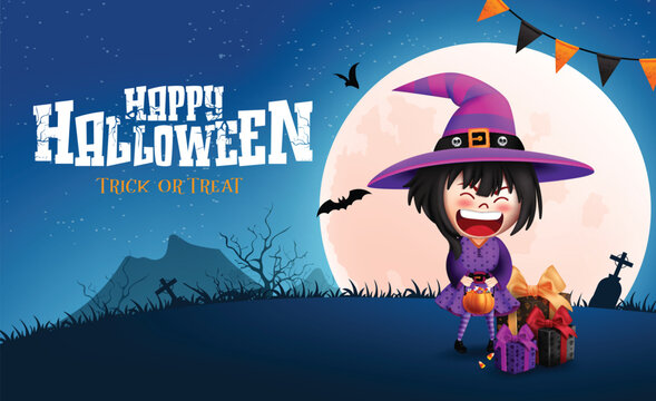 Happy halloween text vector design. Halloween trick or treat greeting with cute witch girl character in night full moon cemetery background. Vector illustration kids horror party greeting card.
