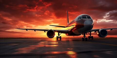 Fototapeta na wymiar Passenger plane taking off on runway at sunset. generative ai