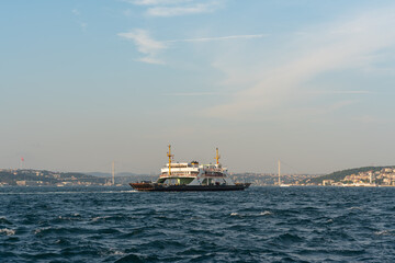 Turkey, Istanbul 06 July 2023: Passenger and avto transport by ferry in istanbul