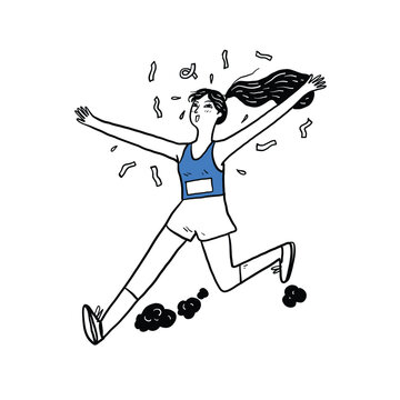 Illustration of a female marathon runner rejoicing as she crosses the finish line
