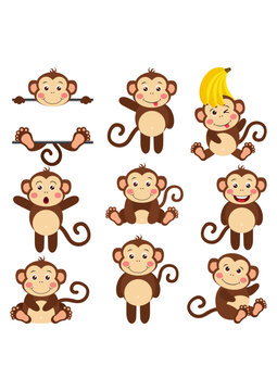 Set of cute happy monkey