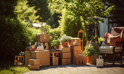 Cardboard boxes for transport and moving. Transport of household equipment. Generative Ai