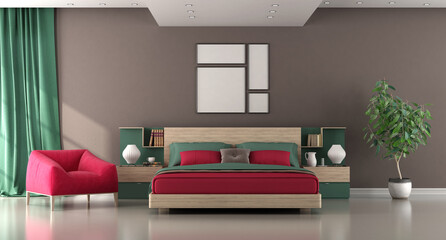 Modern bedroom with wooden double bed and red armchair