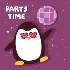 cute cartoon penguin dancing with disco lamp and pink glasses. cute kids card, wallpaper, background © SSOMESSOMI