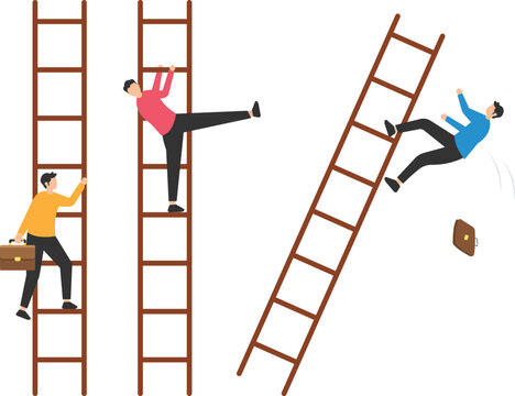 Jealous colleagues or coworkers envy others for being better or promoted, Loser cheating competition or office politics dirty and dishonesty, Loser kicks the winner ladder to make him fall

