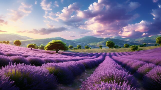 The enchanting beauty of a vast lavender field, captured in a wide angle masterpiece
