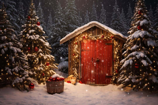 A small barn in the woods with a red door decorated with Christmas decorations and retro lights. digital AI