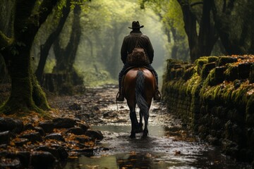 Cowboy and his horse navigating through a dense forest trail, Generative AI