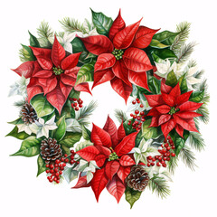 Decorated Christmas wreath with green leaves and red berries. Water colours. digital AI