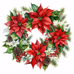 Naklejka premium Decorated Christmas wreath with green leaves and red berries. Water colours. digital AI