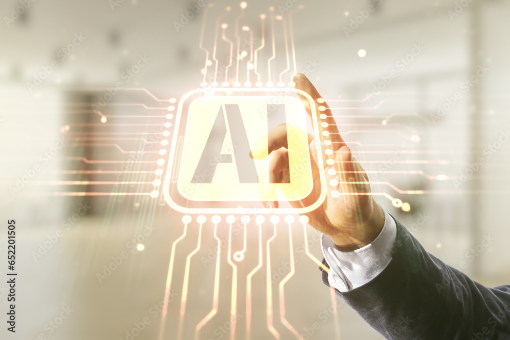 Poster man hand working with abstract virtual artificial intelligence symbol hologram on blurred office bac