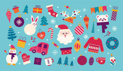Christmas and New Year set. Santa, gifts, Christmas tree, deer and festive elements. Vector flat illustration