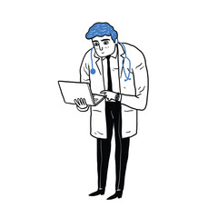 A doctor using the laptop. Hand drawn illustration line art doodle style.