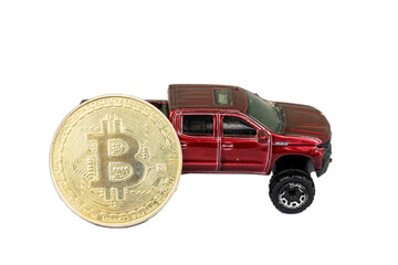 Bitcoin is Cryptocurrency with sports car model isolate on white background