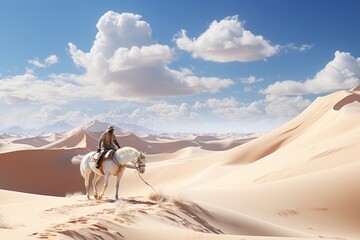 Fototapeta na wymiar Cowboy and his horse traversing a sandy dune in a desert expanse, Generative AI