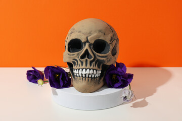 Skull and flowers on white table on orange background