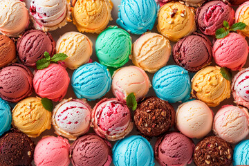 Assorted of scoops ice cream. Colorful set of ice cream of different flavours. Top view of ice cream isolated with mint, sauce. AI generative image. - 652202194