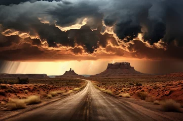 Fototapeten Carretera asfaltada atravesando el lejano oeste durante una tormenta © dmtz77