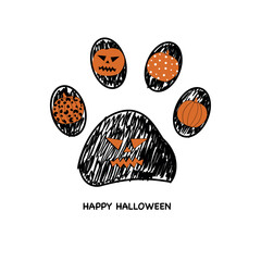 Doddle black paw print with pumpkins. Happy Halloween fabric design