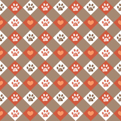 Happy Halloween design plaid check heart pattern with paw prints. Seamless fabric design pattern