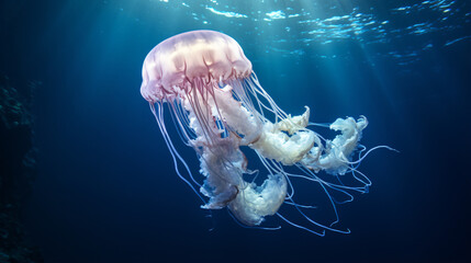 White Jellyfish dansing in the dark blue ocean - Powered by Adobe