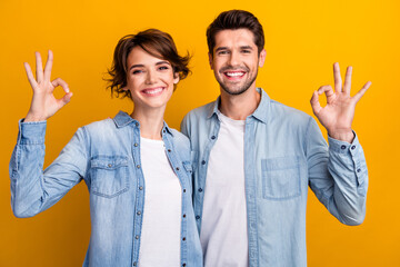 Photo of positive lady guy business people recommend promo show okay symbol isolated bright color...