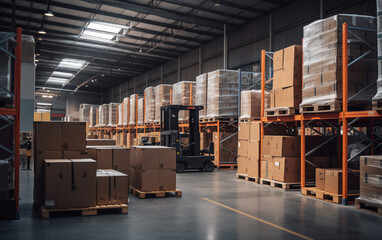 warehouse with shelves with goods catons and pallets daylight,Logistic and transportation concept
